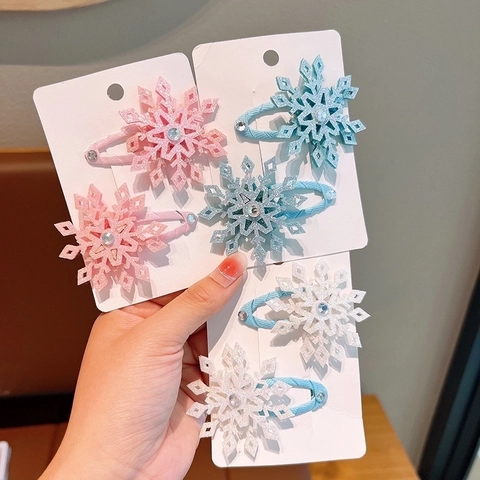 Barrettes À Cheveux Flocon De Neige Pour Enfants Tissu Pailleté Strass Style Princesse Pinces Pour Filles