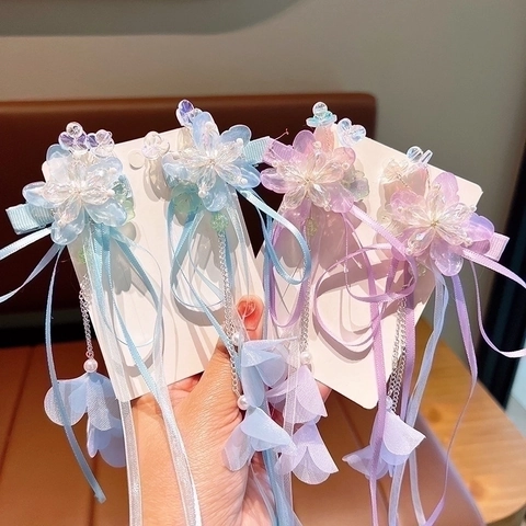 Ancient Chinese Style Hair Clip Flower Butterfly Tassel Ribbon Artificial Pearl Alloy Resin Fabric For Kids Girls Hanfu Accessories