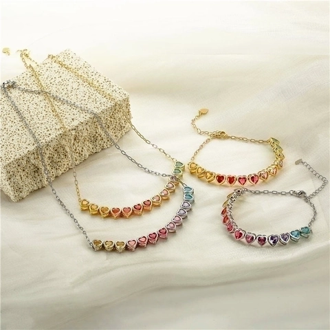 Fashion Copper Rainbow Zirconia Heart Necklace Bracelet Jewelry Set Elegant Multi Color Heart Pendant Jewelry For Women