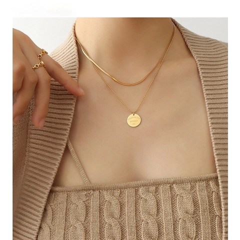 Lagenhalskette Edelstahl 18K Vergoldet Runder Anhänger Gravur Eternal Love Schlangenkette Für Damen