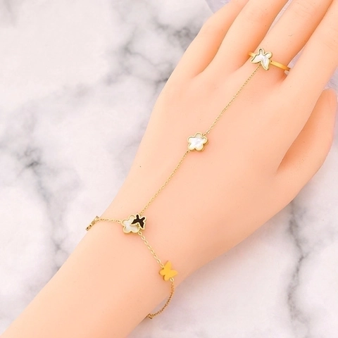 Titanium Steel Slave Bracelet Adjustable Gold Rhinestone Evil Eye Butterfly Flower Hand Chain Finger Ring For Women
