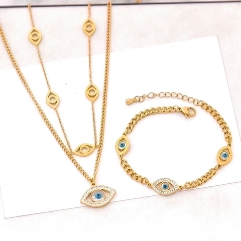Goud Titaniumstaal Boze Oog Sieradenset Vrouwen Traan Strass Ketting Armband Oorbellen Mode Accessoire