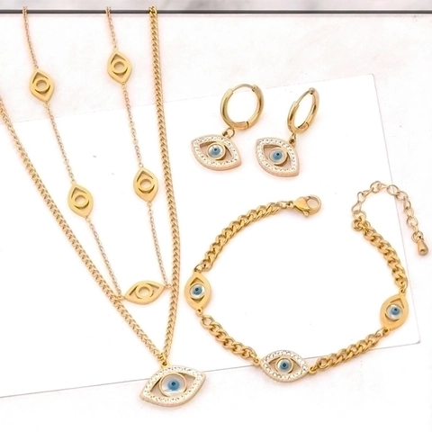 Goud Titaniumstaal Boze Oog Sieradenset Vrouwen Traan Strass Ketting Armband Oorbellen Mode Accessoire