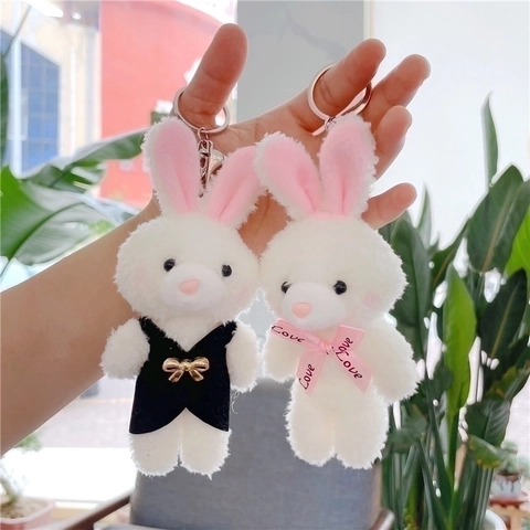 Cute Plush Rabbit Bear Dog Keychain Soft Stuffed Animal Toy Bag Charm For Backpack Accessories Heart Pattern Ribbon Bow