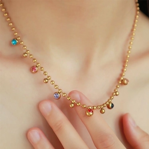 Titanium Steel Gold Plated Multi-color Rhinestone Beaded Necklace For Women Retro Fashion Small Drops Pendant Clavicle Chain Jewelry