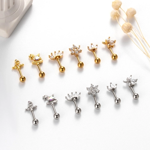 Helix Stud Piercing Earring Stainless Steel Copper Zircon Screw Back Flower Heart Butterfly Fashion Jewelry For Women