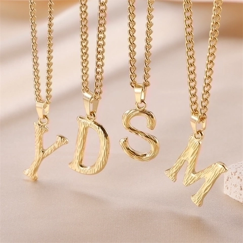 Stainless Steel Initial Letter Pendant Necklace Hammered Bark Texture Alphabet Capital Jewelry Gift Women Men Fashion