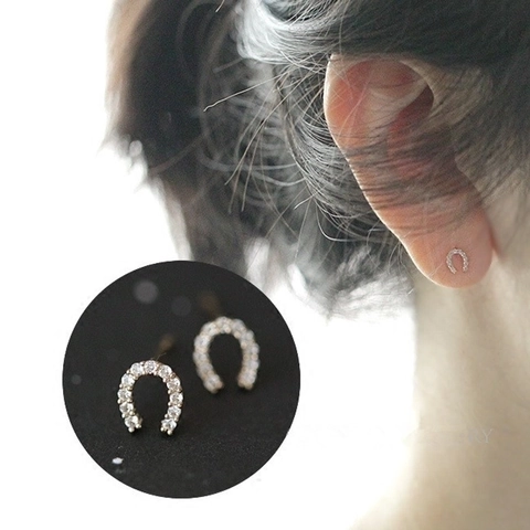 Elegantes Pendientes de Botón de Herradura en Plata de Ley 925 Con Incrustaciones de Strass Oro 14K Plata para Mujer Joyería