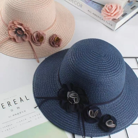 Women Kids Straw Bucket Hat Sun Protection Foldable Beach Summer Floral Decoration Wide Brim Sunscreen