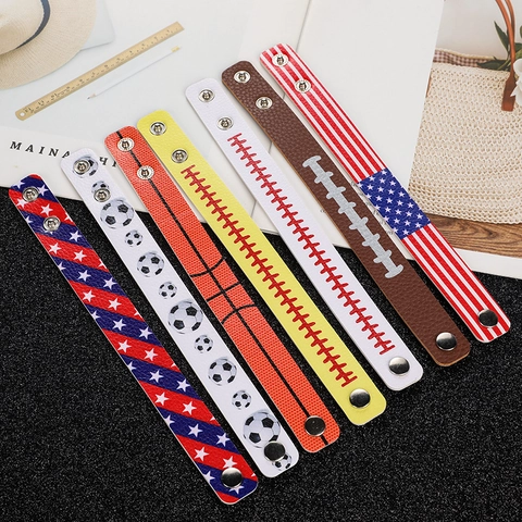 Sport Thema PU Leder Armband Handgelenkband Metallschnapper Baseball Fußball US Flagge Design Lässiges Fan Souvenir