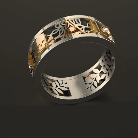 Two Tone Hollow Out Copper Ring Masonic Symbols Skull Carved Gothic Punk Band For Men