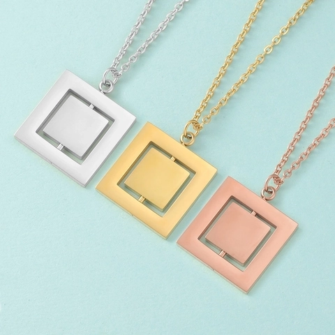 Rotatable Square Pendant Necklace 304 Stainless Steel Geometric Double Layer Minimalist Fashion Jewelry For Women Men
