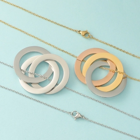 Interlocking Triple Rings Pendant Necklace Polished Stainless Steel Tricolor Geometric Minimalist Jewelry For Men Women