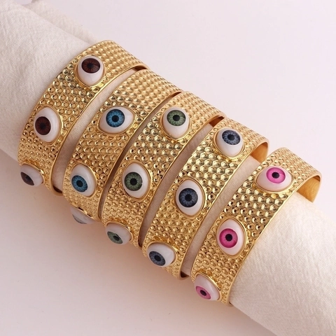Bracelet Jonc Ouvert Mauvais Oeil Laiton Plaqué Or Résine Porte-Bonheur Style Bohème Rétro Bijou Mode Ajustable