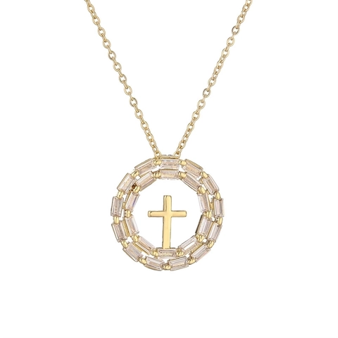 Collana Pendente Croce Rame Placcato Oro Con Zirconi Colorati Micro Pavè Fascino Rotondo Geometrico Gioielli Religiosi Moda