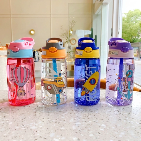 Children Straw Water Bottle Plastic Leakproof Flip Top Lid With Handle Cartoon Dinosaur Print Portable School For Kids