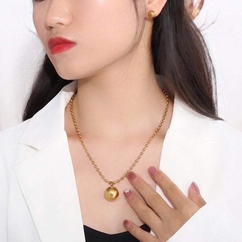 Collar Y Pendientes De Acero Inoxidable Colgante De Esfera Hueca Minimalista Cadena De Bolas Joyería Para Mujeres