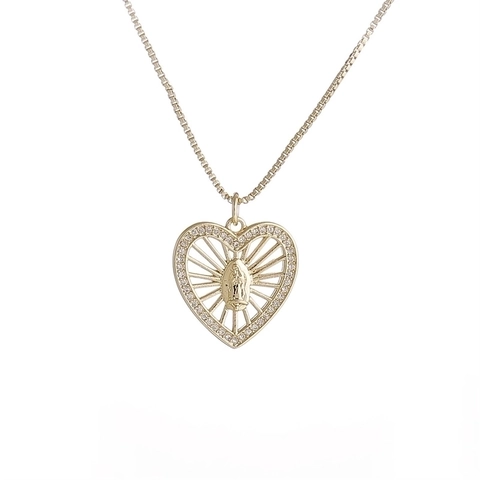 Heart Pendant Necklace Gold Plated Copper Micro Pave Zirconia Religious Virgin Mary Relief Box Chain Jewelry For Women