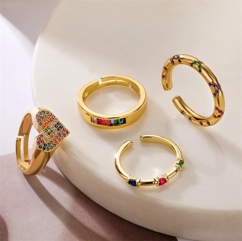Anello Regolabile Aperto in Rame Bohemian con Strass Colorati Design a Cuore Occhio del Male Gioielli Moda Donna