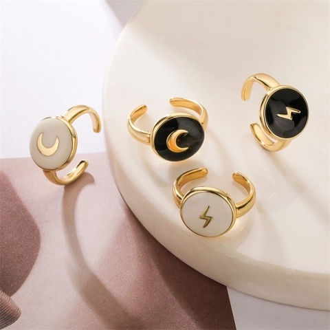 Emaille Offener Ring Kupfer Vergoldet Sonne Mond Stern Blitz Verstellbar Hip Hop Stil Schmuck Für Herren Damen