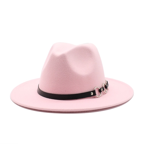 Chapeau Fedora Vintage En Feutre De Laine Large Bord Plat Avec Bande En Cuir Anneaux Métalliques Argentés Style Punk Jazz Pour Hommes Femmes