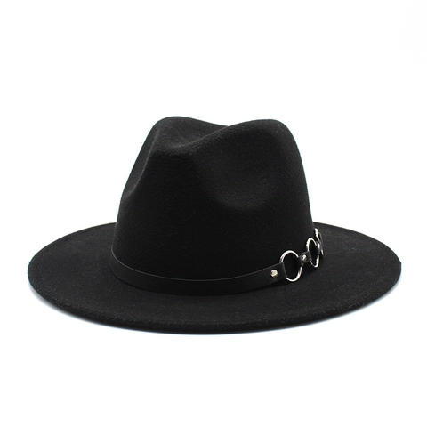 Chapeau Fedora Vintage En Feutre De Laine Large Bord Plat Avec Bande En Cuir Anneaux Métalliques Argentés Style Punk Jazz Pour Hommes Femmes