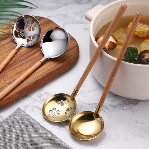Japanese Style 304 Stainless Steel Soup Spoon With Beech Wood Handle Slotted Colander Mirror Polished Kitchen Tableware