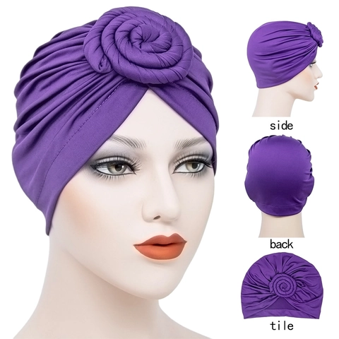 Women Turban Hat Twisted Doughnut Flower Knot Headwrap Elastic Pleated Muslim Headwear Fashion Chemo Cap Polyester