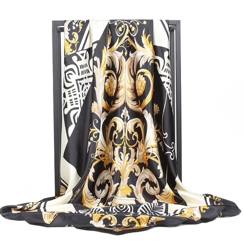 Women Large Square Scarf Satin Polyester Satin Feel Baroque Floral Print Hijab Headscarf Elegant Hair Wrap Accessory