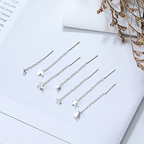 925 Sterling Silver Threader Earrings Geometric Clover Heart Star Tassel Long Chain Minimalist Elegant Jewelry For Women