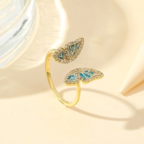 Anillo Abierto Ajustable de Mariposa de Cobre Chapado en Oro Vintage para Mujer Joyería con Incrustaciones de Circonia