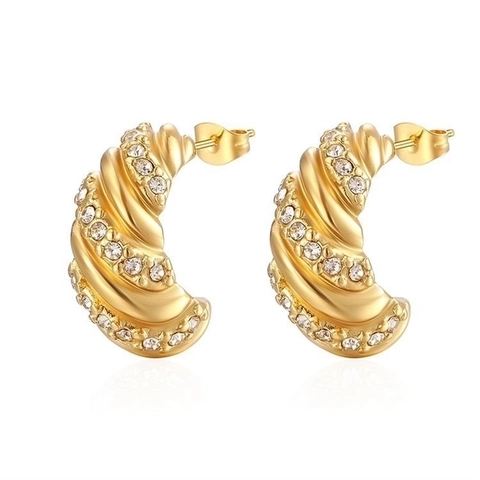 Französisch Luxus Croissant Ohrstecker Für Damen Edelstahl Eingelegt Strass Verdreht Gold C-förmige Creolen Schmuck