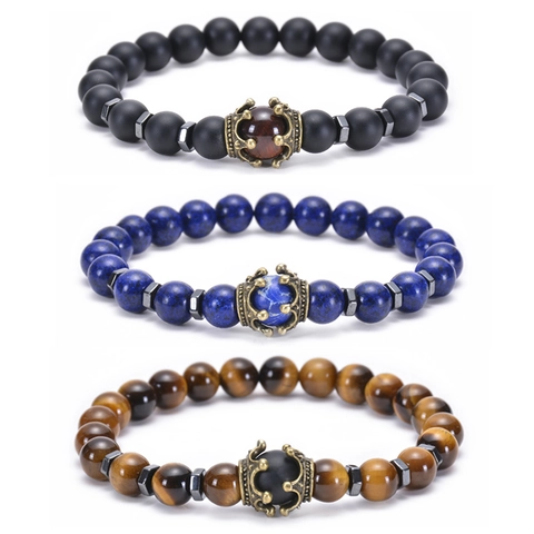 Natural Tiger Eye Stone Beaded Bracelet With Alloy Crown Charm Elastic Rope Retro Style Jewelry For Men And Women