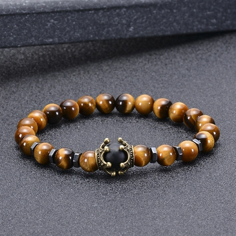 Natural Tiger Eye Stone Beaded Bracelet With Alloy Crown Charm Elastic Rope Retro Style Jewelry For Men And Women