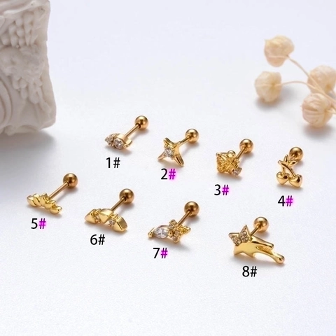 Stainless Steel Zircon Cartilage Piercing Earrings Heart Star Crown Shape Fashion Jewelry Screw Ball Back For Women