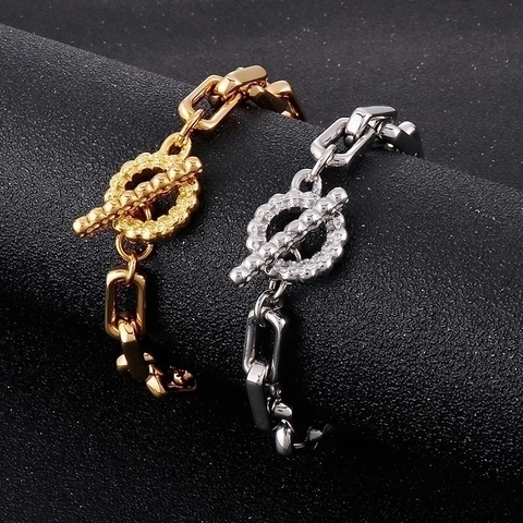 Pulsera De Acero Inoxidable Cadena De Eslabones Geométricos Cierre De Barra Hip Hop Joyería Neutral Para Hombres Mujeres