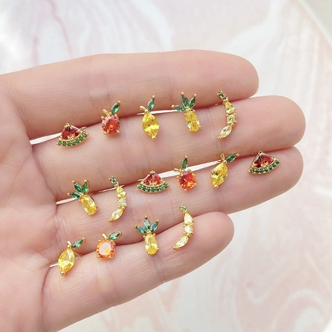 Tropical Fruit Zirconia Stud Earrings For Women Copper 925 Sterling Silver Earring Post Gold Plated Tiny Watermelon Strawberry Jewelry