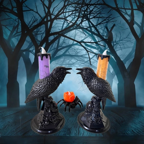 Halloween Raven LED Candle Lamp Skeleton Spider Base Gothic Horror Party Atmosphere Decorative Light Battery Operated Orange Purple