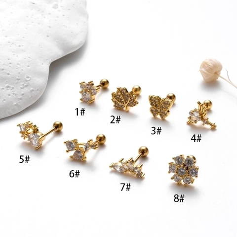 Stainless Steel Cartilage Stud Earrings Zircon Butterfly Flower Heart Shape Jewelry With Double Screw Ball Back