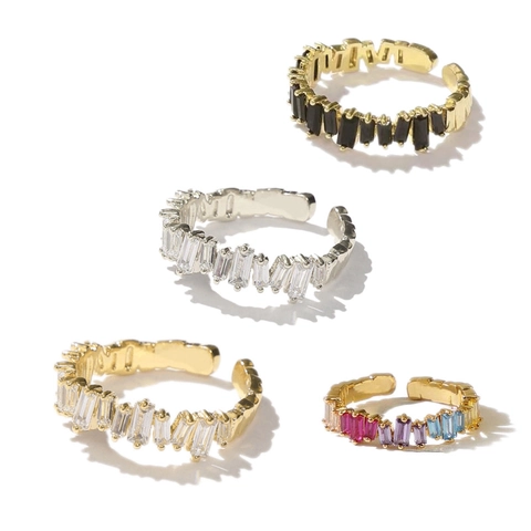 Anello Aperto Regolabile Da Donna In Ottone Placcato Oro Zircone Taglio Baguette Geometrico Gioielli Minimalisti