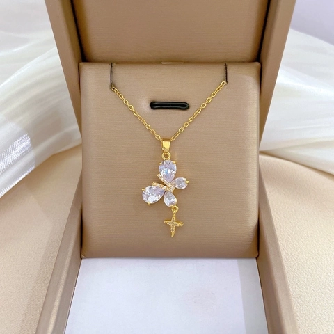 Elegante Schmetterling Kreuz Anhänger Halskette Gold Vergoldet Edelstahl Und Kupfer Zirkonia Schmuck Für Damen