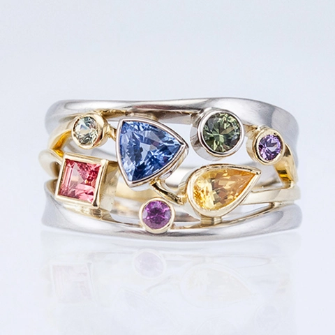 Künstlerischer Bunter Zirkonia Ring Kupfer Zweifarbig Geometrisches Wellendesign Band Schmuck Für Damen