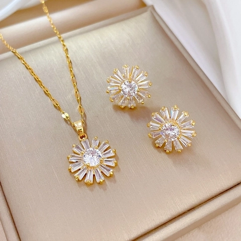Sunflower Jewelry Set Necklace And Earrings For Women Elegant Gold Plated Copper Titanium Steel With Silver Earring Post