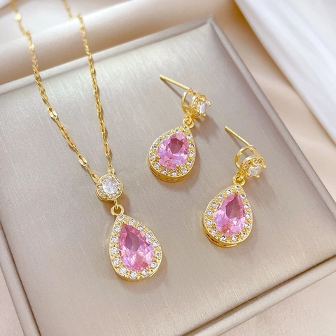 Collar Y Pendientes De Zircón Rosa En Forma De Gota Con Silver Earring Post Joyería Elegante Chapada En Oro Para Mujer