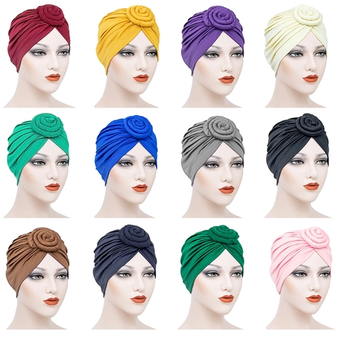 Women Turban Hat Twisted Doughnut Flower Knot Headwrap Elastic Pleated Muslim Headwear Fashion Chemo Cap Polyester