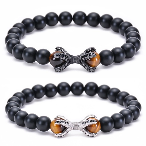 Bracciale di Perline in Pietra Naturale Occhio di Tigre per Uomo Donna Agata Opaca Ciondolo Artiglio di Aquila Polpo Gioielli Punk Regalo