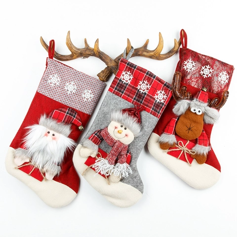 Großer 3D Nikolausstiefel Geschenktüte Flanell Leinen Festliche Deko Weihnachtsmann Schneemann Rentier Kariert Schneeflocke Party Deko