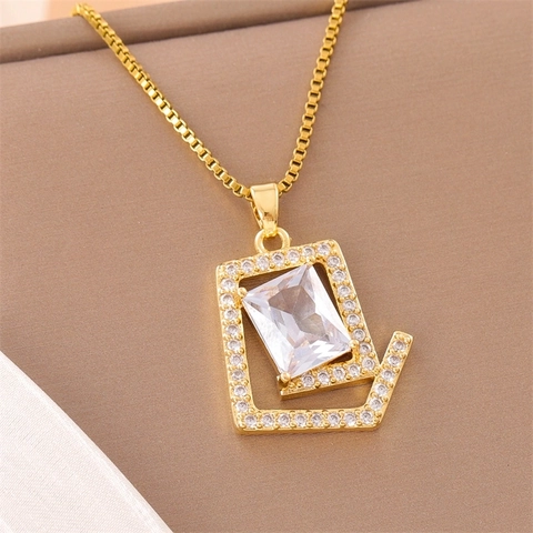 Collana Con Pendente Quadrato In Acciaio Inossidabile Placcato Oro 18K Micro Pavé Zircone Cristallo Catena A Scatola Gioielli Eleganti Per Donna