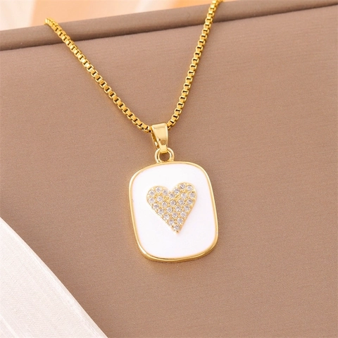 Stainless Steel Heart Pendant Necklace Square Enamel Rhinestone Clavicle Chain Korean Fashion Jewelry For Women
