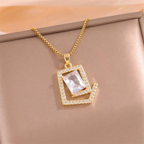 Collana Con Pendente Quadrato In Acciaio Inossidabile Placcato Oro 18K Micro Pavé Zircone Cristallo Catena A Scatola Gioielli Eleganti Per Donna